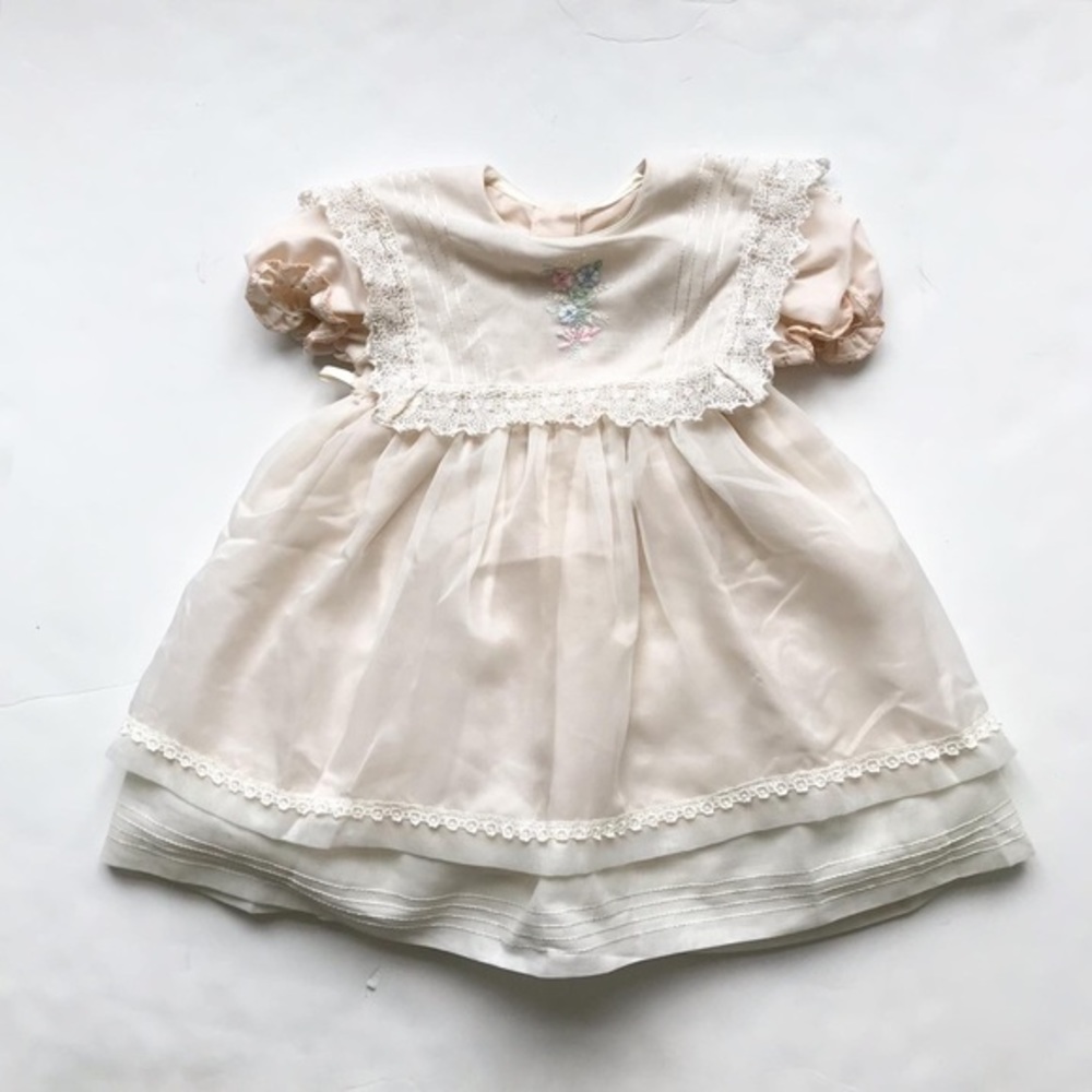Vintage bib floral crochet organza party dress 3/4